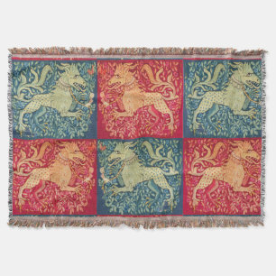 MEDIEVAL BESTIARY Lion Like Beast in Red Blue Throw Blanket