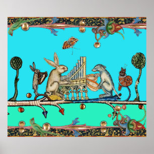 MEDIEVAL BESTIARY MAKING MUSIC,Rabbit,Dog ,Blue Poster