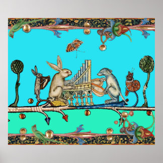 MEDIEVAL BESTIARY MAKING MUSIC,Rabbit,Dog ,Blue Poster