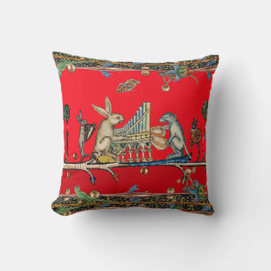 MEDIEVAL BESTIARY MAKING MUSIC,Rabbit, Dog Red Cushion