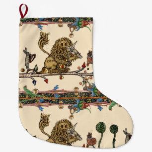MEDIEVAL BESTIARY MAKING MUSIC Violinist Lion Hare Large Christmas Stocking