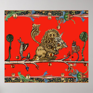 MEDIEVAL BESTIARY MAKING MUSIC Violinist Lion,Hare Poster