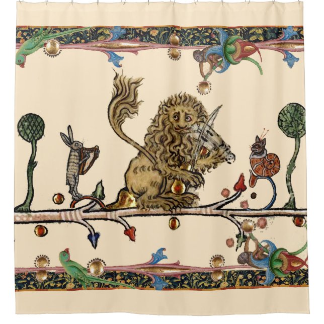 MEDIEVAL BESTIARY MAKING MUSIC Violinist Lion,Hare Shower Curtain (Front)