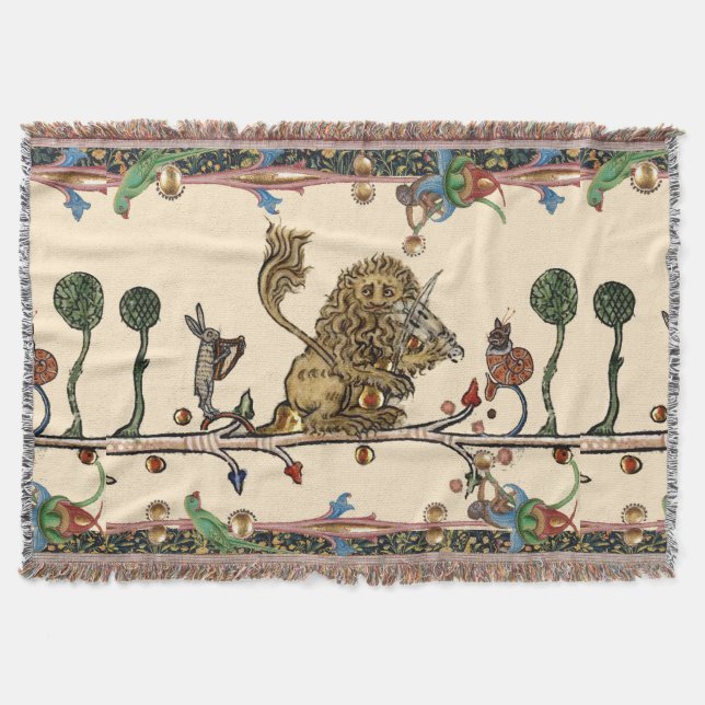MEDIEVAL BESTIARY MAKING MUSIC Violinist Lion,Hare Throw Blanket (Front)