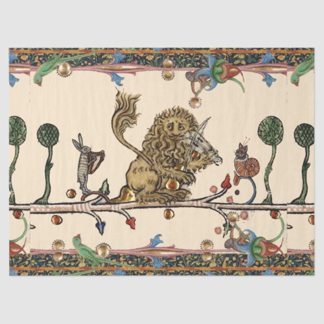 MEDIEVAL BESTIARY MAKING MUSIC Violinist Lion,Hare Tissue Paper (Front)