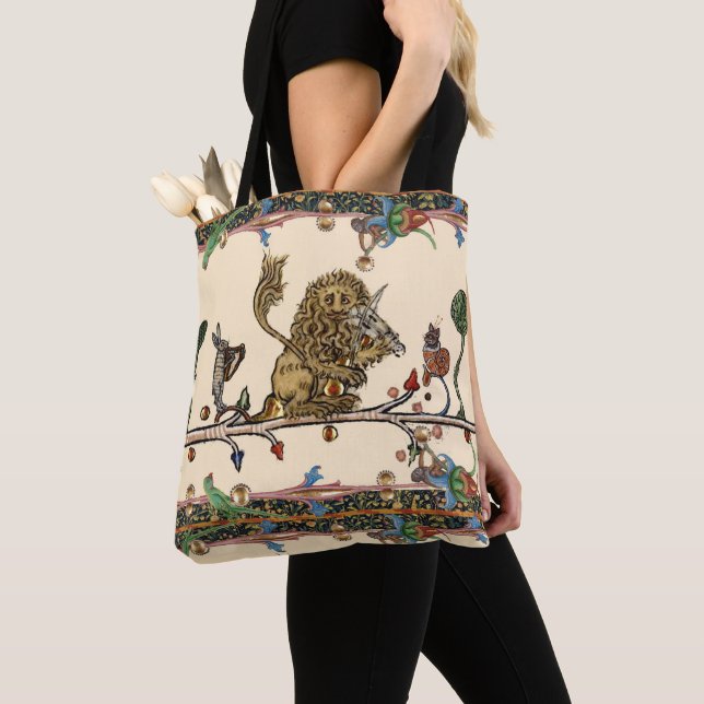 MEDIEVAL BESTIARY MAKING MUSIC Violinist Lion,Hare Tote Bag (Close Up)