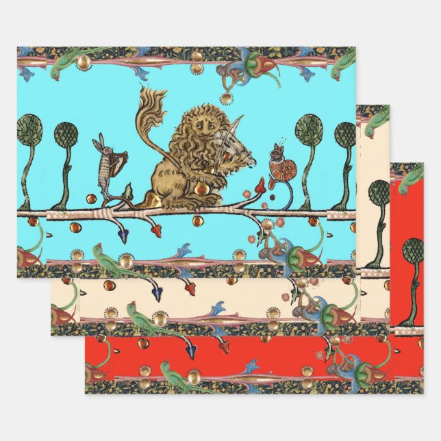 MEDIEVAL BESTIARY MAKING MUSIC Violinist Lion,Hare Wrapping Paper Sheet (Set)