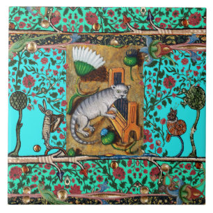 MEDIEVAL BESTIARY MUSIC,CAT PLAYING ORGAN Blue Tile