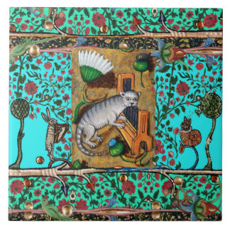  MEDIEVAL BESTIARY MUSIC,CAT PLAYING ORGAN Blue  Tile