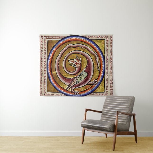 MEDIEVAL BESTIARY, SNAKE DRAGON CIRCLES TAPESTRY (In Situ (Horizontal))