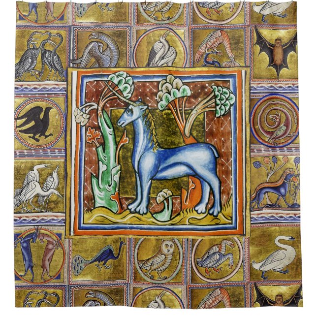 MEDIEVAL BESTIARY,UNICORN,FANTASTIC ANIMALS SHOWER CURTAIN (Front)