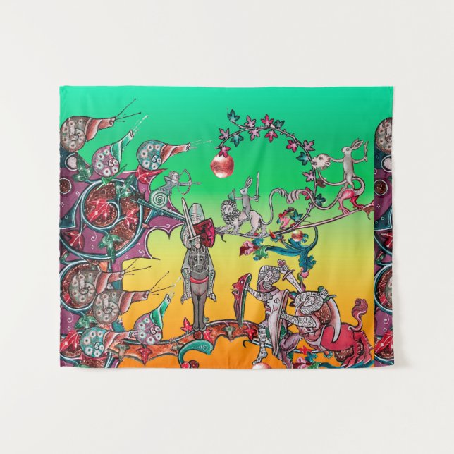 MEDIEVAL BESTIARY WAR, KNIGHTS,GIANT SNAILS Green Tapestry (Front (Horizontal))