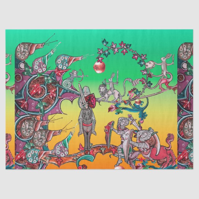 MEDIEVAL BESTIARY WAR, KNIGHTS,GIANT SNAILS Green Tissue Paper (Front)