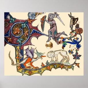 MEDIEVAL BESTIARY WAR Snail vs Knight ,Dragon.Lion Poster