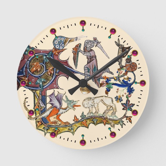 MEDIEVAL BESTIARY WAR Snail vs Knight ,Dragon.Lion Round Clock (Front)