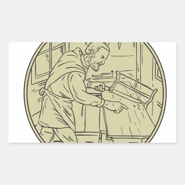Medieval Carpenter Sawing Wood Circle Retro Rectangular Sticker (Front)