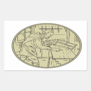 Medieval Carpenter Sawing Wood Circle Retro Rectangular Sticker