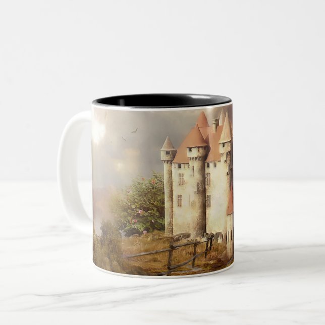 Medieval Castle River Run Two-Tone Coffee Mug (Front Left)