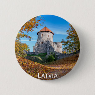 Medieval castle surrounded by forest 6 cm round badge
