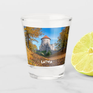 Medieval castle surrounded by forest shot glass