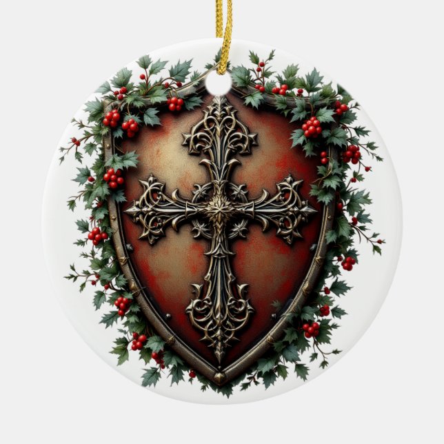 Medieval Christmas Shield with Gothic Cross  Ceramic Tree Decoration (Front)