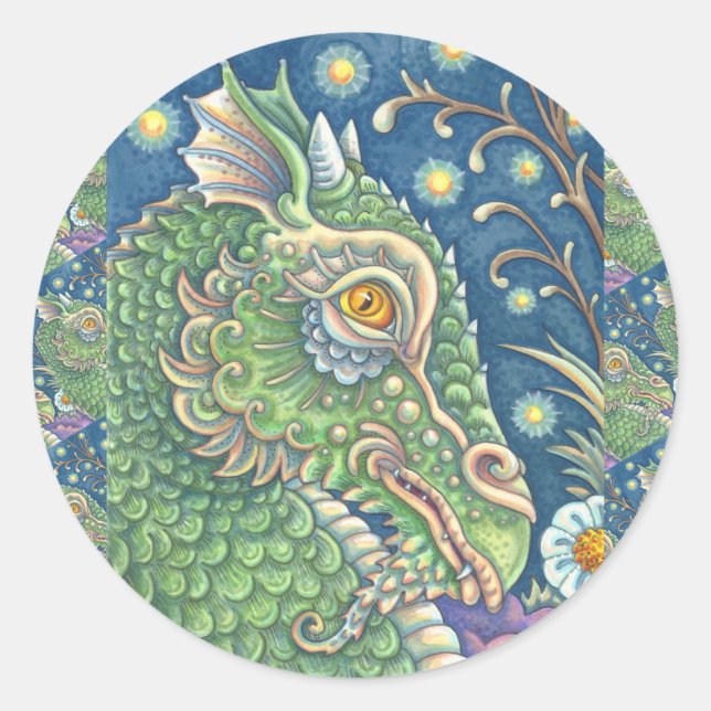MEDIEVAL DRAGON HEAD PORTRAIT, WHIMSICAL FANTASY CLASSIC ROUND STICKER (Front)