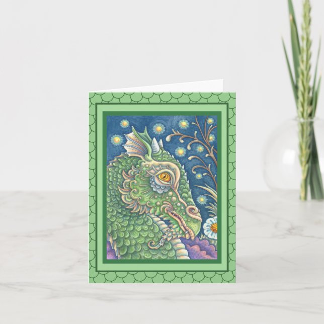 MEDIEVAL DRAGON HEAD PORTRAIT, WHIMSICAL FANTASY NOTE CARD (Front)