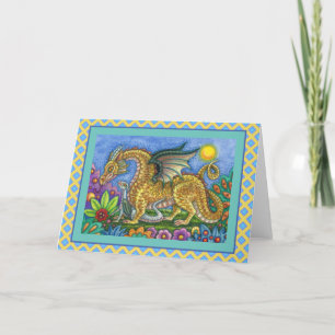 MEDIEVAL DRAGON & YOUNG, COLORFUL FOLK ART GARDEN CARD