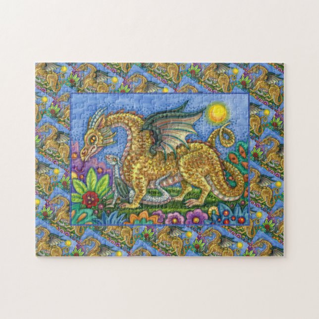 MEDIEVAL DRAGON & YOUNG, COLORFUL FOLK ART GARDEN JIGSAW PUZZLE (Horizontal)
