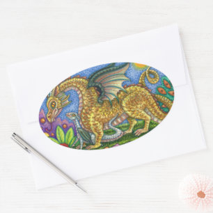MEDIEVAL DRAGON & YOUNG, COLORFUL FOLK ART GARDEN OVAL STICKER