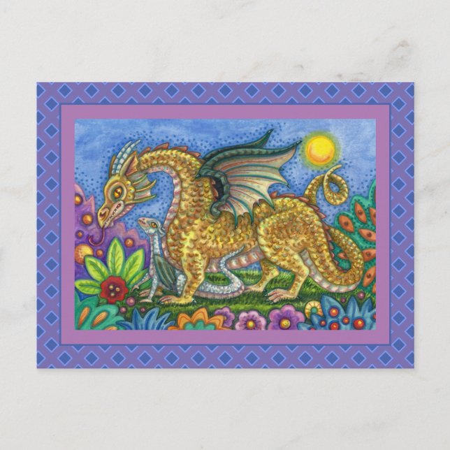 MEDIEVAL DRAGON & YOUNG, COLORFUL FOLK ART GARDEN POSTCARD (Front)