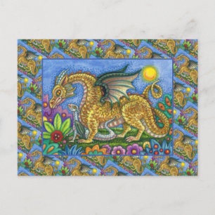 MEDIEVAL DRAGON & YOUNG, COLORFUL FOLK ART GARDEN POSTCARD