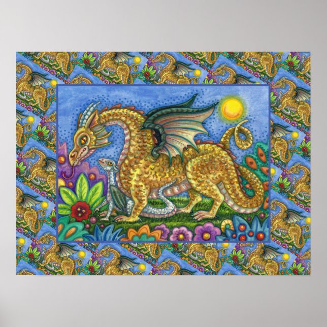 MEDIEVAL DRAGON & YOUNG, COLORFUL FOLK ART GARDEN POSTER (Front)