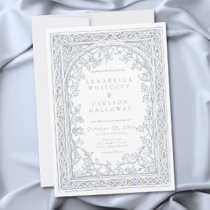 Medieval Fantasy Arch Blue & Gold Etching Wedding Invitation