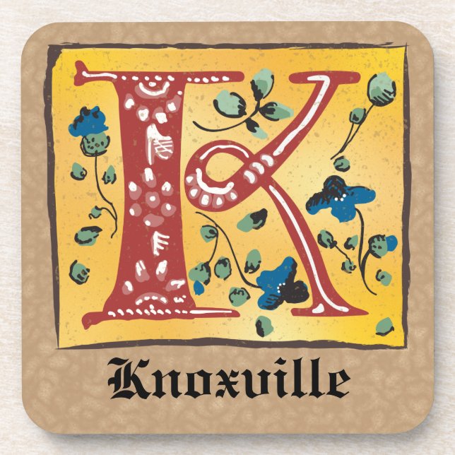 Medieval Floral Illuminated Letter K Monogram Coaster (Front)