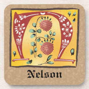 Medieval Floral Illuminated Letter N Monogram Coaster