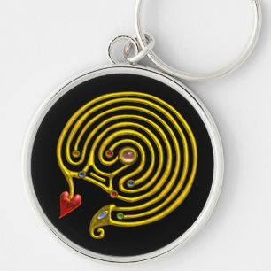 MEDIEVAL GOLD HYPER LABYRINTH WITH GEMSTONES Black Key Ring