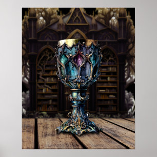 Medieval Gothic Purple Blue Goblet Castle Library Poster