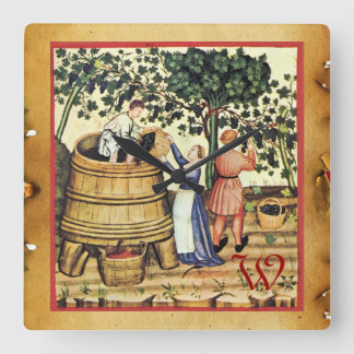 MEDIEVAL GRAPE VINEYARD HARVEST PARCHMENT MONOGRAM SQUARE WALL CLOCK