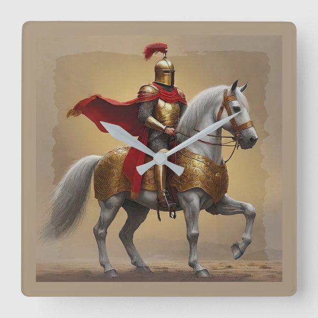 Medieval Knight and Horse Square Wall Clock (Front)