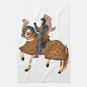 Medieval Knight in Armor on horse back Tea Towel
