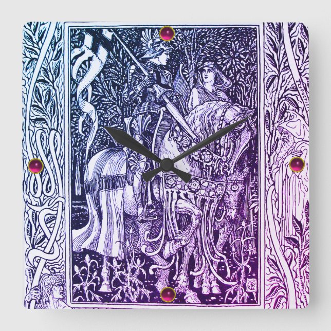 MEDIEVAL LEGENDS Lady And Knight Horseback Floral Square Wall Clock (Front)