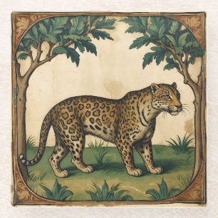 Medieval Leopard with Trees Nature Art Glass Coaster
