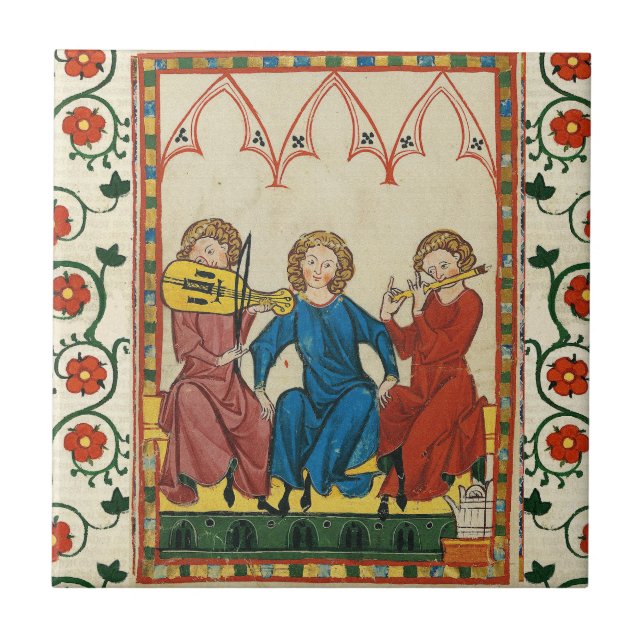 MEDIEVAL MUSIC AND MUSICIANS ,ANTIQUE MINIATURE TILE (Front)
