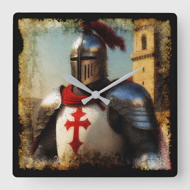Medieval Templar Knight Square Wall Clock (Front)