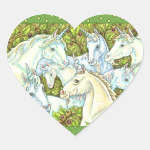 MEDIEVAL UNICORN HERD, HORSES, STALLION Fantasy Heart Sticker