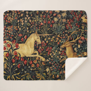 Medieval Unicorn Midnight Floral Garden Sherpa Blanket