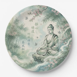Meditating Buddha Bamboo Ink Art Paper Plate
