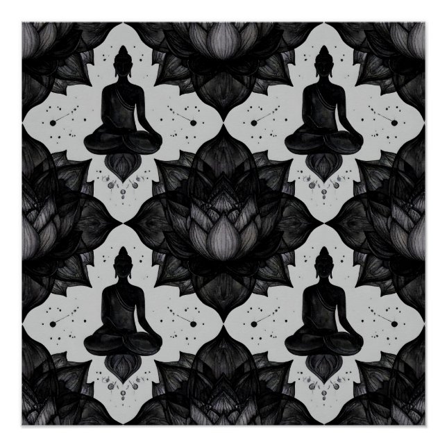 Meditating Buddha Black Lotus Zen Pattern Poster (Front)