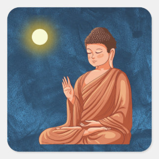 Meditating Buddha under Moon on Blue Abstract Square Sticker
